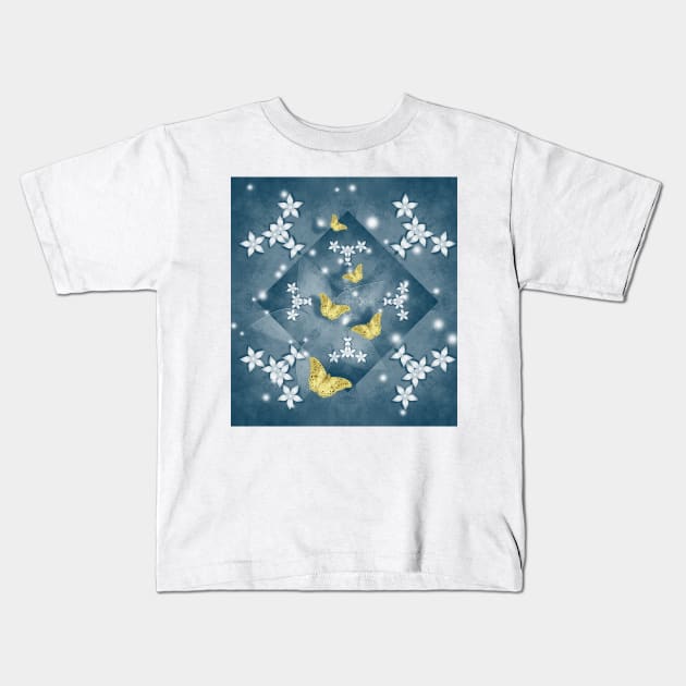 Gold butterflies and white flowers Kids T-Shirt by hereswendy